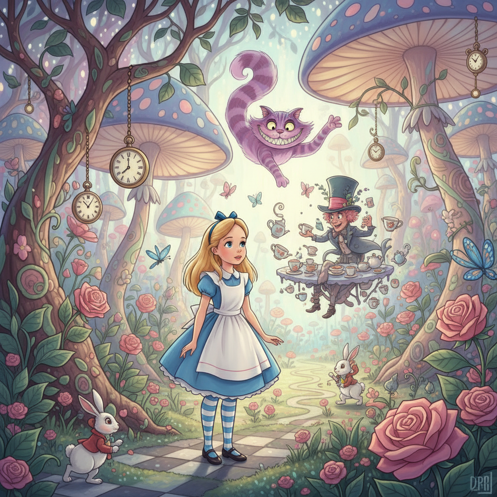 Alice standing in a colorful forest with oversized mushrooms, pocket watches, the Mad Hatter floating with tea, and the Cheshire Cat above