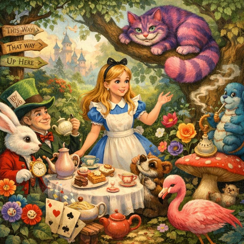 Alice at a tea party with the Mad Hatter, White Rabbit, Cheshire Cat, and animal friends