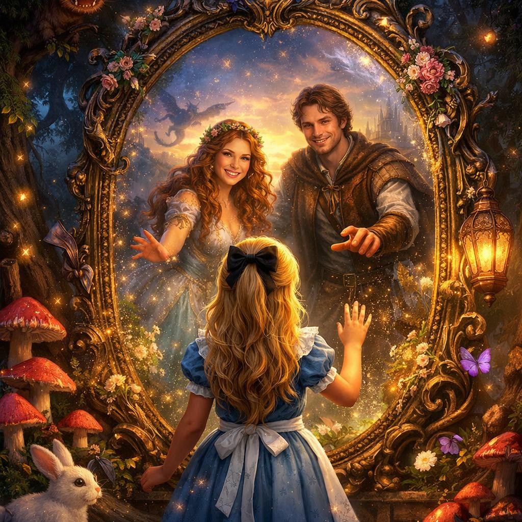 A girl in blue dress looks into ornate mirror showing a man and woman reaching out to her.