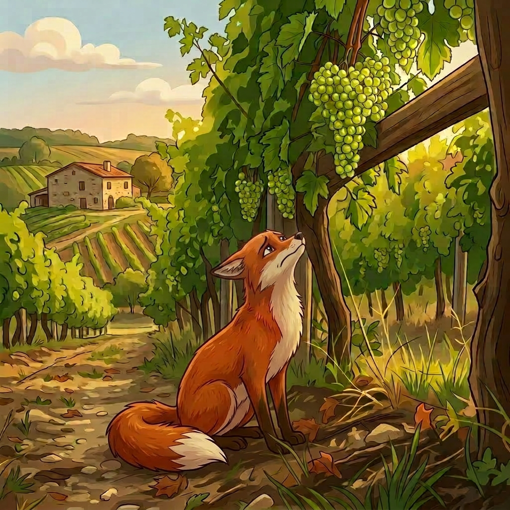 Fox inspecting grapes in vineyard Fox standing on a dirt path looking up at hanging green grapes on a vine