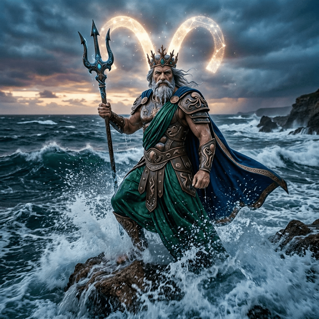 A regal sea king with a crown and armor holding a glowing trident on stormy rocky shore