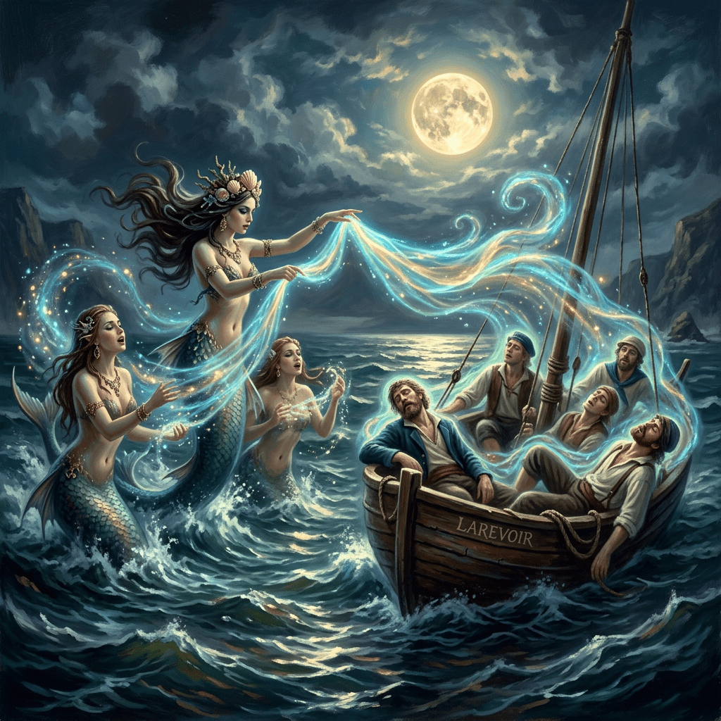 Three mermaids casting magical blue light onto a boat with enchanted sailors at sea under a full moon