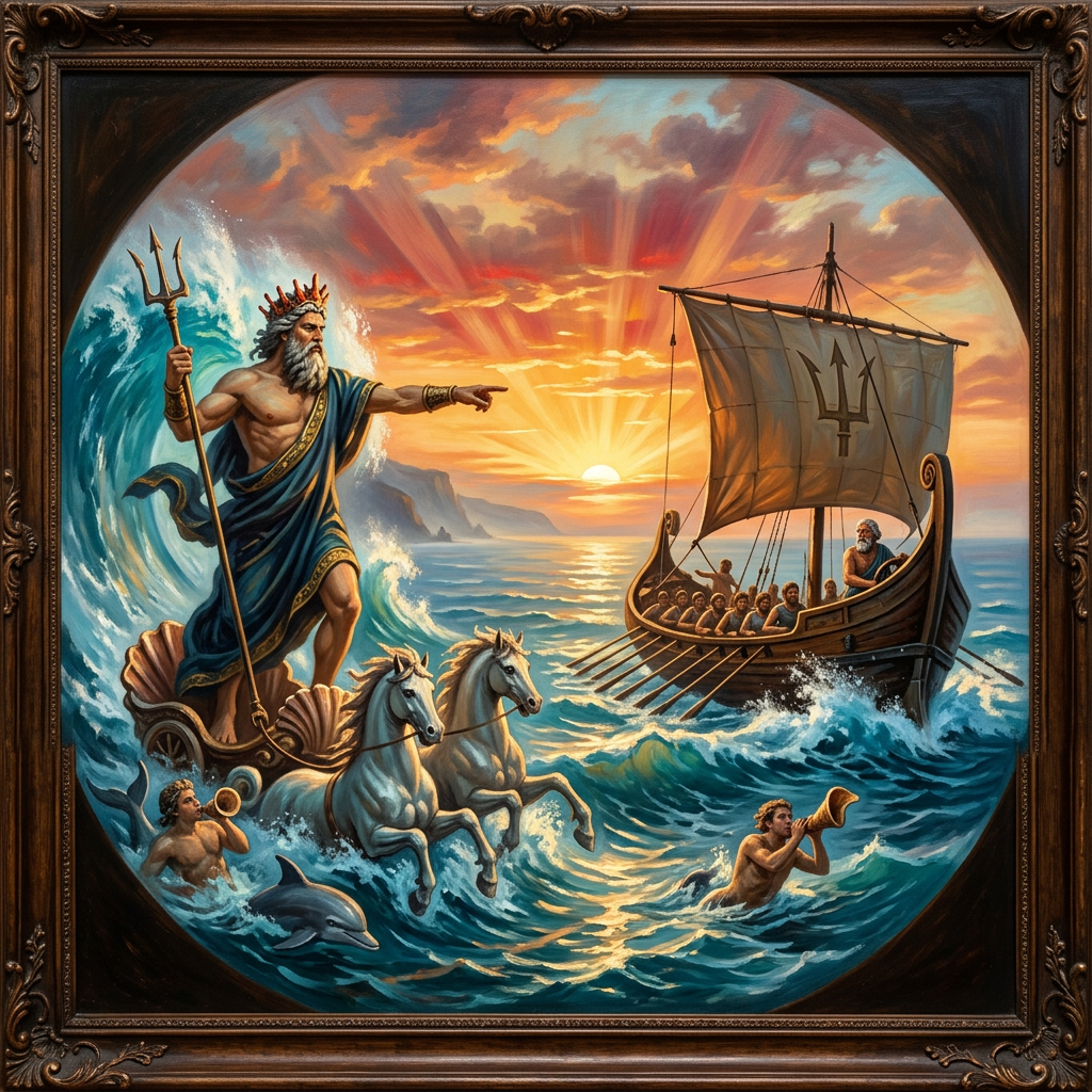 Poseidon with trident on chariot drawn by horses alongside a ship with oarsmen at sunset.