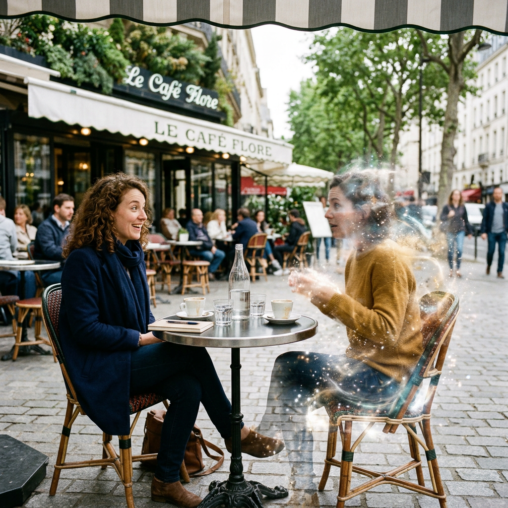 Two women sitting at a cafe table with one woman fading and sparkling