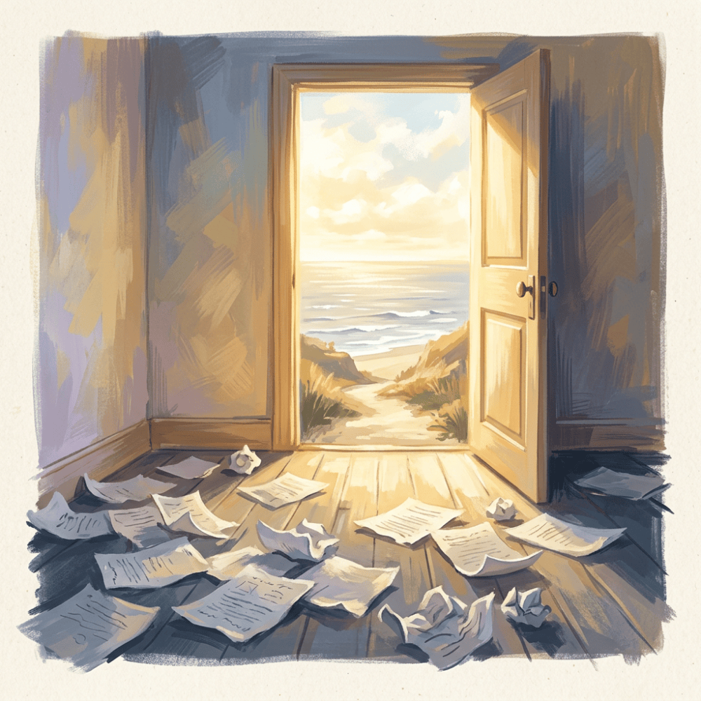 Open door toward bright coastal horizon