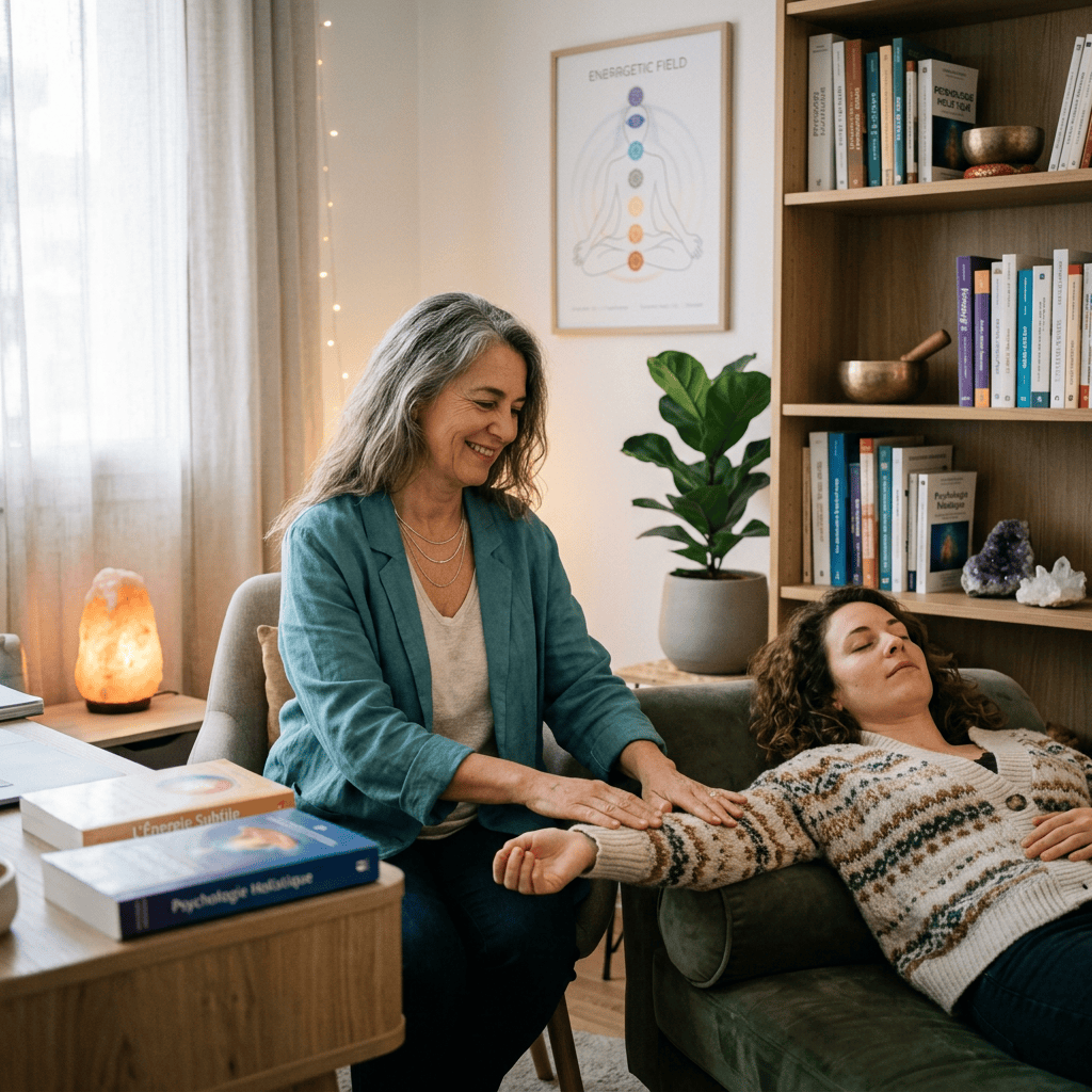 Une psy applique une technique alternative sur sa patiente.