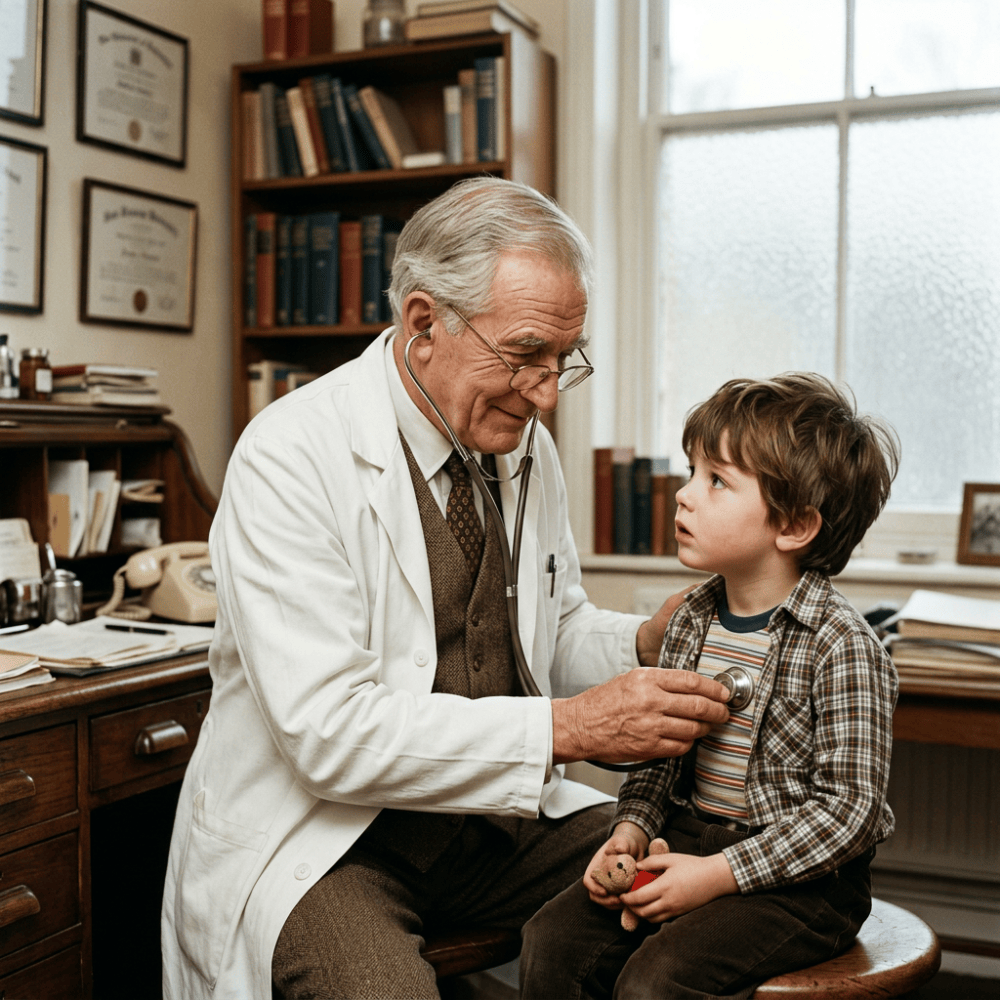 Un bon médecin de l'époque examine un enfant qui lui fait totale confiance.