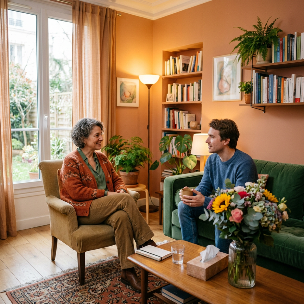Une psy et son patient discutent paisiblement dans un cabinet humain et cosy.